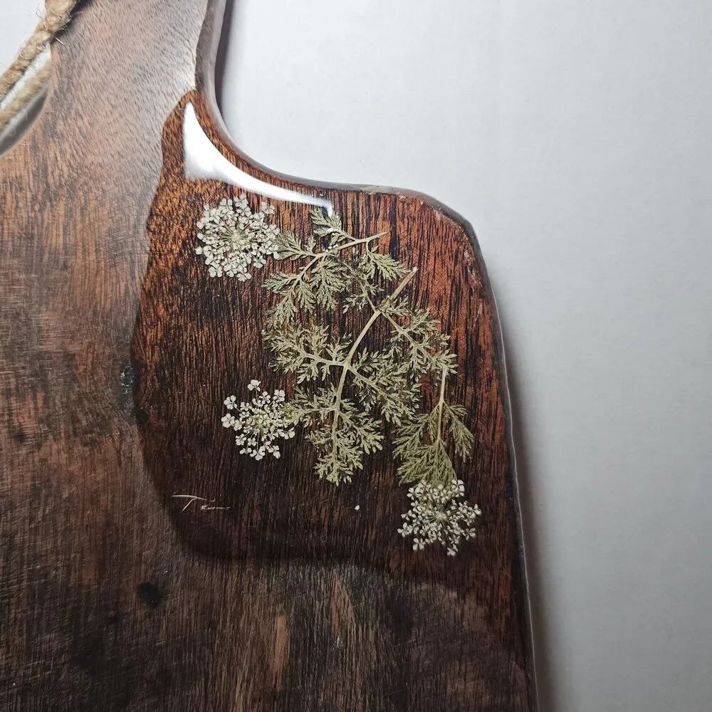 Small, Dark Mango Wood Charcuterie or Serving Board Resin White Flowers Wall Art